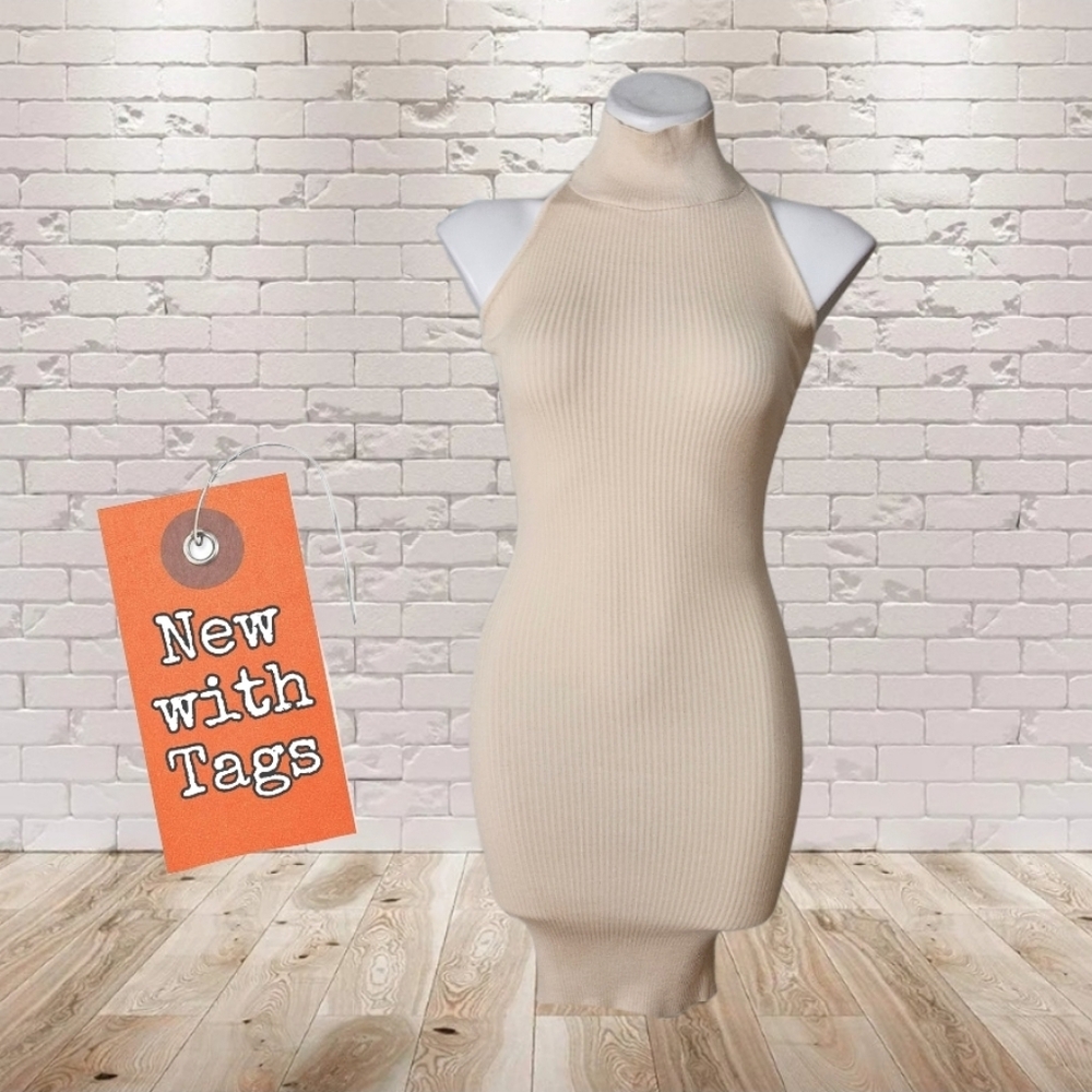 NWT/ TAM WARE Beige Ribbed High Neck Mini Bodycon Dress